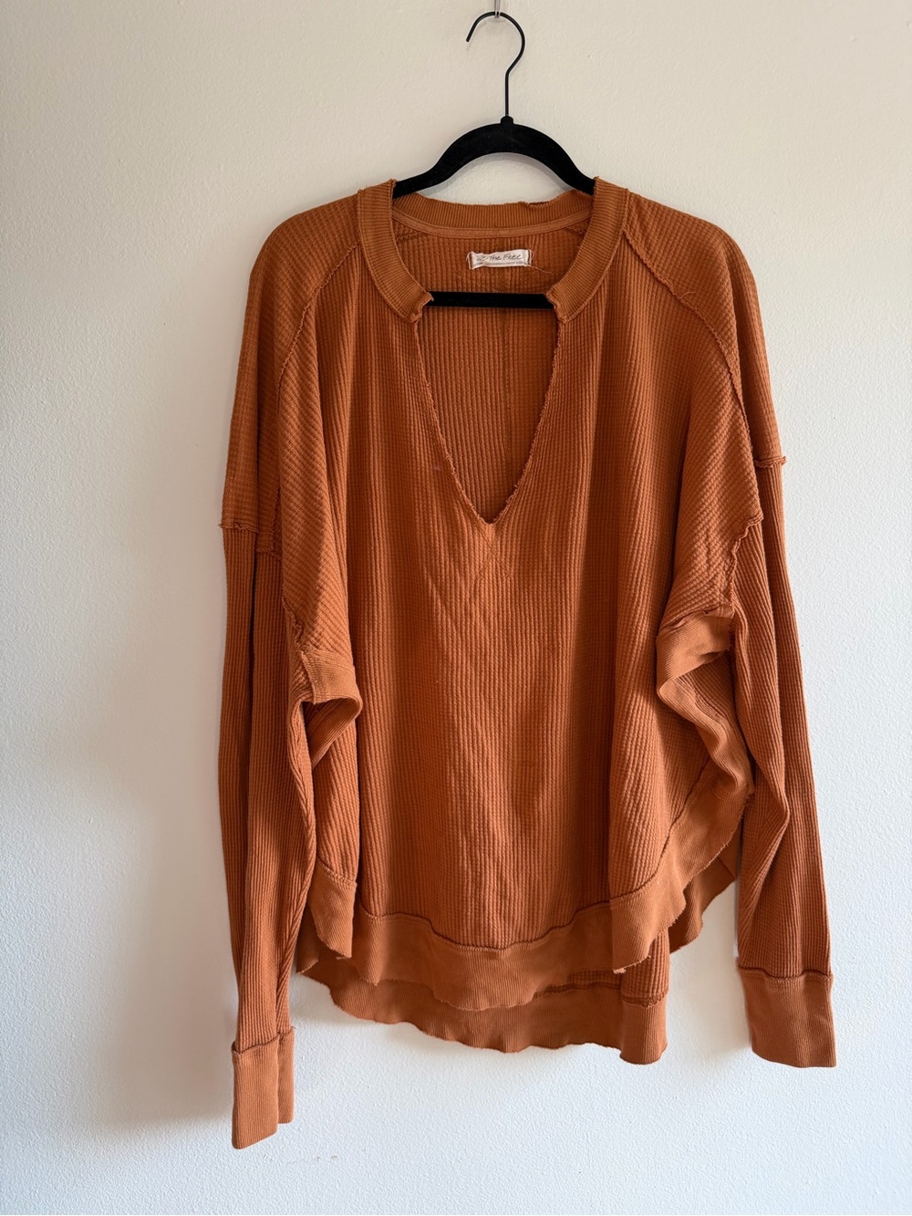 We The Free Deep V-Neck Waffle Knit Sweater Top in Rust